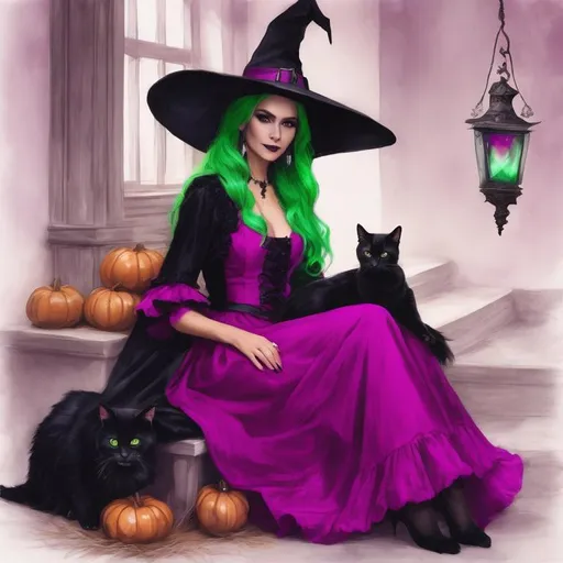 Prompt: Giovanna Grana from Vampire Survivors as a realistic witch, long magenta dress, big black witch hat, neon-green long hair, sitting on a flying broom, has pet a pet cat