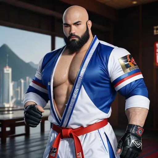 Prompt: Handsome Korean bald bearded hairy man,  Taekwondo-inspired fantasy suit, bara chubby hairy muscular body,  Seoul background, fingerless gloves, vibrant colors