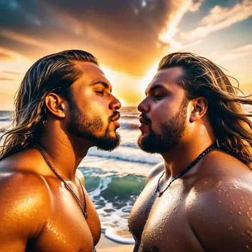 Prompt: Two diverse Handsome fat men, long hair, kiss, harsh waves beach, sunset, sensual, soaked, full shot, hyperrealistic, diagonal GoPro dynamic view