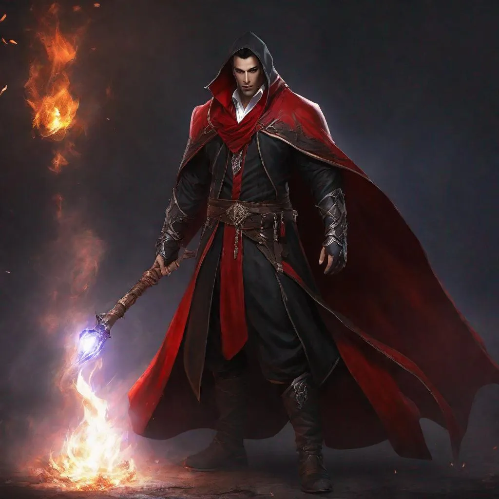 Prompt: Arca Ladonna from Vampire Survivors as a handsome realistic male mage, sensual black mage robe with white borders, big red cape, sensual brown ragged skirt, big black boots, holds fire rod as weapon