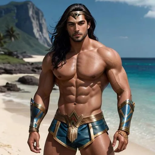 Prompt: Handsome man, tan skin, sensual textured Wonder Woman-style shorts, arm cuffs and tiara, long hair, handsome ripped muscular robust man, a bit feminine, thick thighs, secret island background