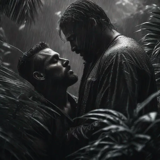 Prompt: diverse gay male burly couple, cuddling and kiss between plants within deep tropical rainforest, intense heavy rain, scantily clad,  sensual rugged clothes, dramatic mist and fog, soaked, hyperrealistic,  diagonal front shot, grayscale
