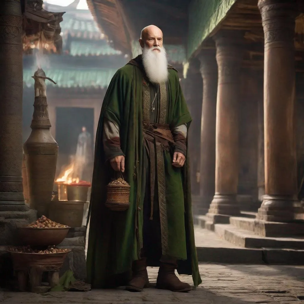 Prompt: Poe Ratcho from Vampire Survivors as an elder man, white skin, strong build, long white beard, bald, brown medieval rags, green long cape, brown boots, uses wooden cane with hanging garlic, garlic necklace, hyperrealistic, ancient temple background