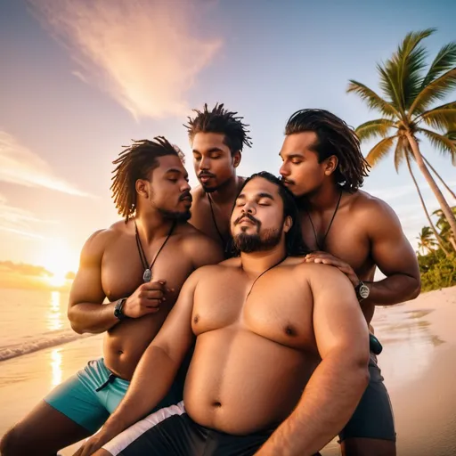 Prompt: Three diverse Handsome chub men, long hair, sitting under palm tree kissing, sunset at Caribbean beach, sensual, soaked, full shot, hyperrealistic, diagonal GoPro dynamic view