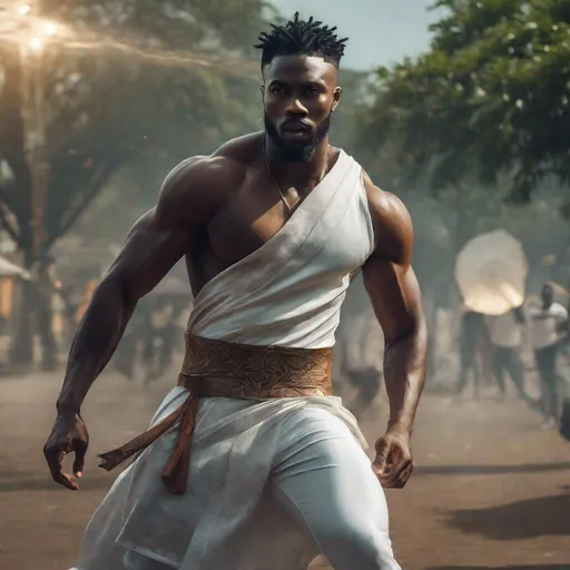 Prompt: Handsome Nigerian man, Nigerian-inspired revealing fantasy rags, hyperrealistic, super detailed, cinematic lighting, Lagos city park background, strong winds, dynamic movement epic battle stance