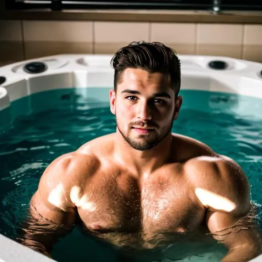 Prompt: Beefy men in jacuzzi