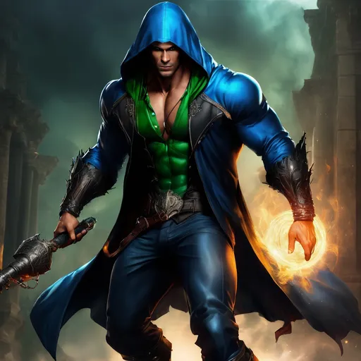 Prompt: Antonio Belpaese from Vampire Survivors as a realistic man, tan skin, muscular build, green fantasy armor, big black boots, blue hoodie, wields long ancient whip as a weapon.