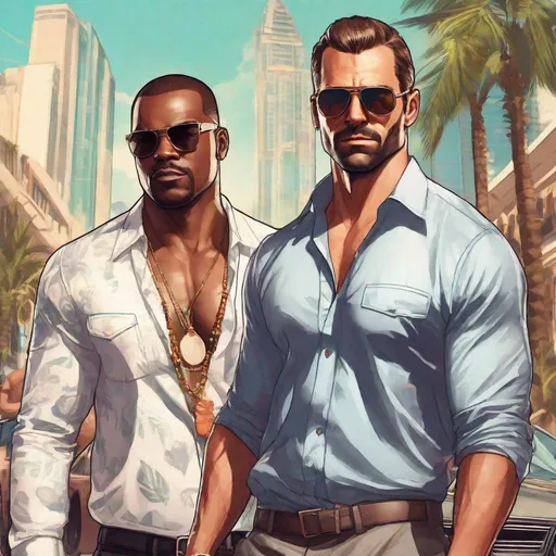 Prompt: Two handsome race-diverse men, sunglasses, sensual unbuttoned shirt, GTA V style, tropical city