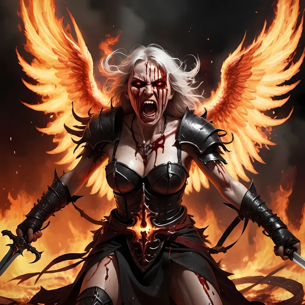 Prompt: Demonic female Angel, black cloth tied around eyes blood dripping down cheeks, in a fury with a flaming sword, blood all over there battle damaged armor, screaming in a blood rage