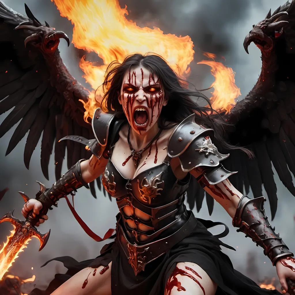 Prompt: Demonic female Angel, black cloth tied around eyes blood dripping down cheeks, in a fury with a flaming sword, blood all over there battle damaged armor, screaming in a blood rage