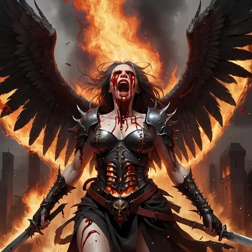 Prompt: Demonic female Angel, black cloth tied around eyes blood dripping down cheeks, in a fury with a flaming sword, blood all over there battle damaged armor, screaming in a blood rage