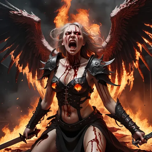 Prompt: Demonic female Angel, black cloth tied around eyes blood dripping down cheeks, in a fury with a flaming sword, blood all over there battle damaged armor, screaming in a blood rage