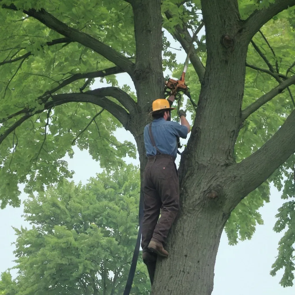 Prompt: A picture of an amish arborist cutting down a large black walnut tree.