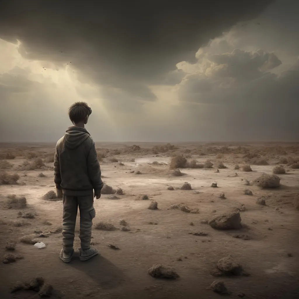 3D rendering of a young boy, alone, with a melanchol...