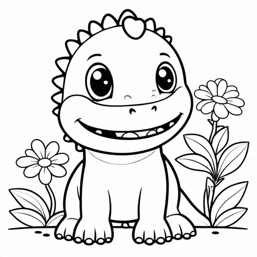 Prompt: cute baby dinosaur, coloring book page, black and white line art, simple outline, thick lines, no shading, no background, kid friendly, big spaces to color, very simple outline, minimal detail, big shapes, no shading, pure black and white
