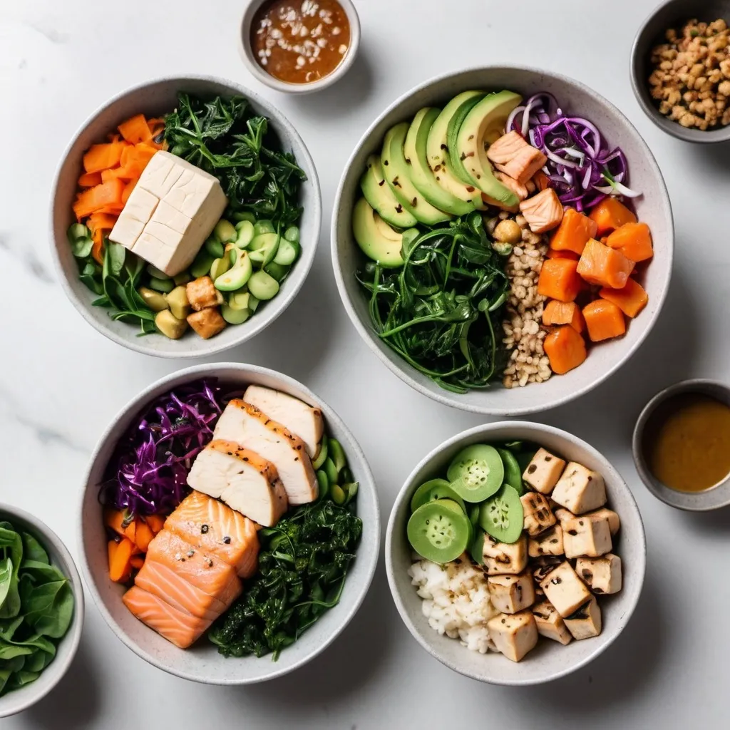 Prompt: a blog style photo of food, shot from above on top a modern white granite counter top, bright professional lighting, the food is healthy buddha bowls, some with tofu, some with salmon, inlcude greens and different veggie toppings