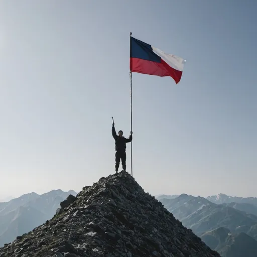 Prompt: person on top of mountain holding flag