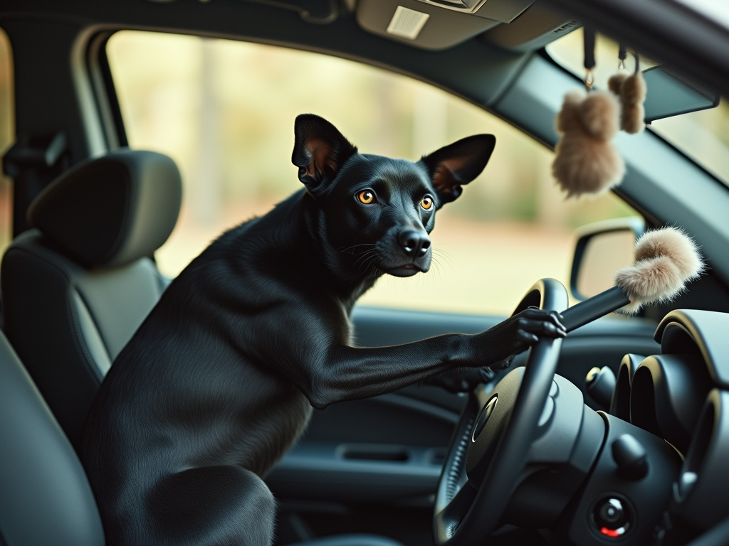 Prompt: make it look like the black dog is driving the car. reposition the dog so it's arms and paws are on the steering wheel 