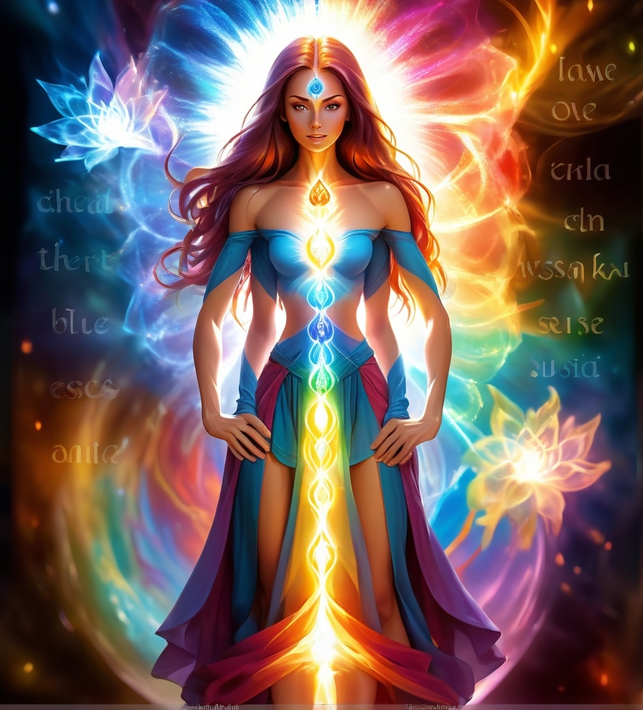 Prompt: Magical sparking beautiful female standing - covered and surrounded by 7 colourful, bright auras - first one blue and tight to the body and each one getting wider and more expansive - all overlapping and no spaces inbetween.  Also show the 7 chakra points on the body with the relevant colours