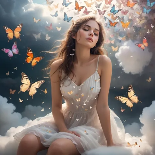 Prompt: (realistic image of a beautiful girl sitting on a cloud), illuminated by soft morning sunlight, wearing a (transparent wet white dress), surrounded by a flurry of colorful butterflies, gentle and ethereal ambiance, dreamy atmosphere, fluffy white clouds in the background, (high quality), stunning detail, serene mood 