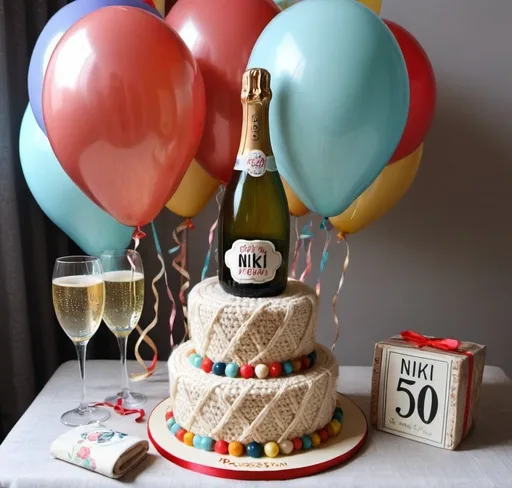 Prompt: 50th birthday cake with 'NIKI' on it, vintage 1974 prosecco bottle with glasses, crochet blankets and yarn, Cath Kidston mugs, colorful balloons and streamers, high quality, detailed, realistic, vintage, warm tones, celebratory lighting