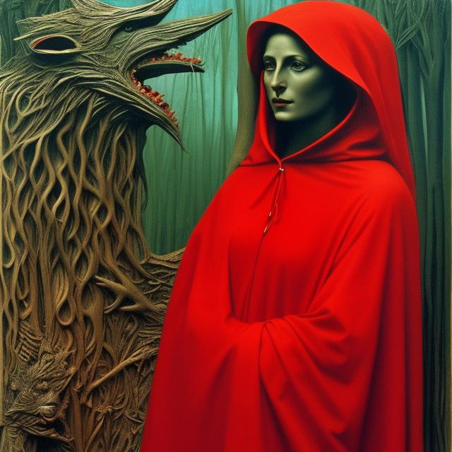 Prompt: Little red riding hood, wearing only the hood, talking with the wolf,  in the forest, strong abstraction , abstract art, by max ernst, detailed face, detailed clothes, detailed background