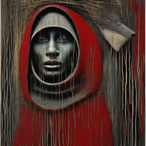 Prompt: Little red riding hood, wearing only the hood, talking with the wolf,  in the forest, strong abstraction , abstract art, by basquiat and max ernst, detailed face, detailed clothes, detailed background