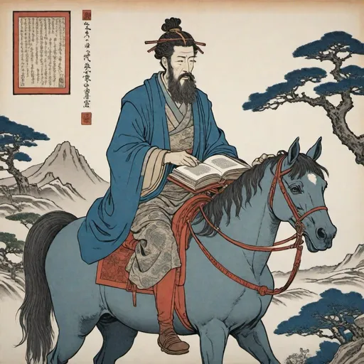 Prompt: marcus aurelius sitting on a horse, reading a book, detailed face, ukiyo-e, in the style of max ernst and hiroshige