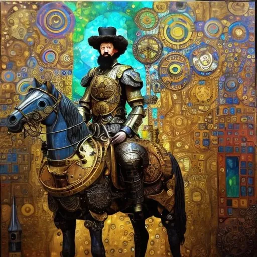 Prompt: marcus aurelius  sitting on a horse, steampunk, oil painting, in the style of hundertwasser and klimt