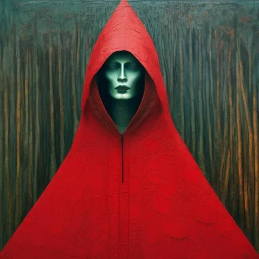 Prompt: Little red riding hood, wearing only the hood, talking with the wolf,  in the forest, strong abstraction , abstract art, by max ernst and mondrian, detailed face, detailed clothes, detailed background