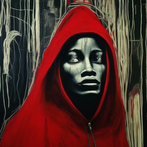 Prompt: Little red riding hood, wearing only the hood, talking with the wolf,  in the forest, strong abstraction , abstract art, by basquiat and max ernst, detailed face, detailed clothes, detailed background