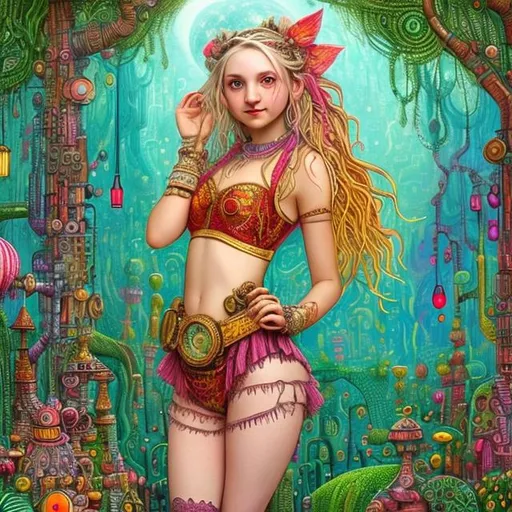 Prompt: shumi-e image of luna lovegood dancing in a forest in underwear, wand, steampunk, neon colors, detailed face, detailed background, in the style of hundertwasser