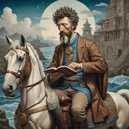 Prompt: marcus aurelius sitting on a horse, reading a book, detailed face, steampunk, oil painting, in the style of max ernst and hiroshige