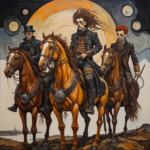 Prompt: the four horseman of apocalypse. oil painting in the style of schiele and hunderwasser, steampunk