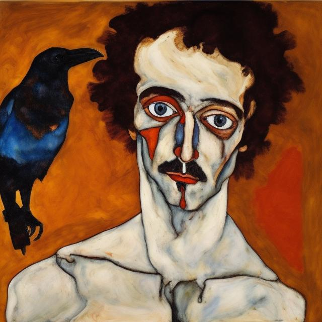 Prompt: oil painting in the style of schiele on edgar allen Poe and his raven
