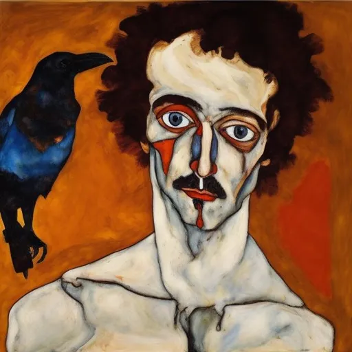 Prompt: oil painting in the style of schiele on edgar allen Poe and his raven
