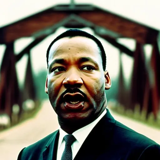 Prompt: Color picture of Martin Luther King Junior standing in front of the Edmund Pettus Bridge