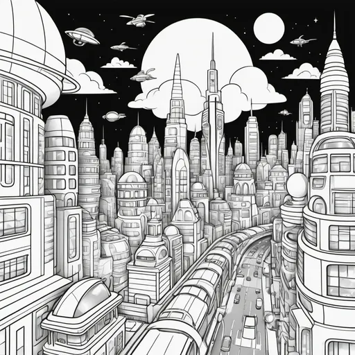 Prompt: Create a black and white outline drawing of a futuristic cityscape suitable for an A3 size paper coloring book page. The cityscape should feature tall, imaginative buildings with domes, towers, and spires. Include winding roads and pathways connecting the buildings. Add a few flying cars and spaceships in the sky above the city. Draw some robots and people on the roads and near the buildings. Include some clouds and a sun in the sky. Make the outlines clean and bold, with clear areas for coloring in. The style should be whimsical and child-appropriate.