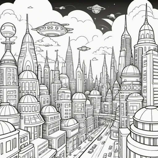 Prompt: Create a  outline drawing of a futuristic cityscape suitable for an A3 size paper coloring book page. The cityscape should feature tall, imaginative buildings with domes, towers, and spires. Include winding roads and pathways connecting the buildings. Add flying cars and spaceships in the sky above the city. Draw some robots and people on the roads and near the buildings. Include some clouds  in the sky. Make the outlines clean and bold, with clear areas for coloring in. The style should be whimsical and child-appropriate.
