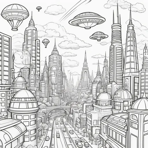Prompt: Create a  outline drawing of a futuristic cityscape suitable for an A3 size paper coloring book page. The cityscape should feature tall, imaginative buildings with futuristic styled buildings, towers, and spires. Include winding roads and pathways connecting the buildings. Add flying cars and spaceships in the sky above the city. Draw some robots and people on the roads and near the buildings. Include some clouds  in the sky. Make the outlines clean and bold, with clear areas for coloring in. The style should be whimsical and child-appropriate.