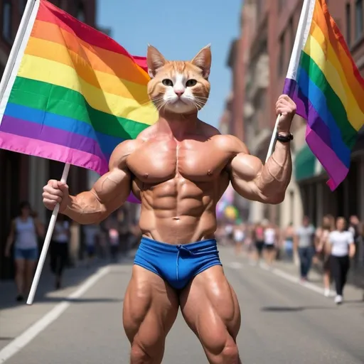 Prompt: nicholas the bodybuilder, gay pride, waving flag, happy, with xavian femboy, cute, kitty, furry