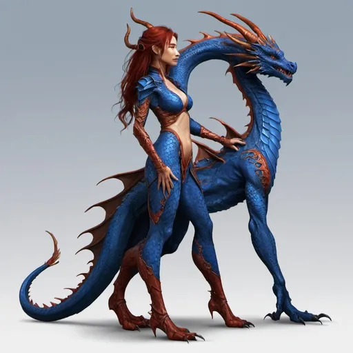 Prompt: Concept design of a dragon women. Dragon women full body. Side view. simulation in the dragon is predominantly rusty-red with deep blue streaks and details present.