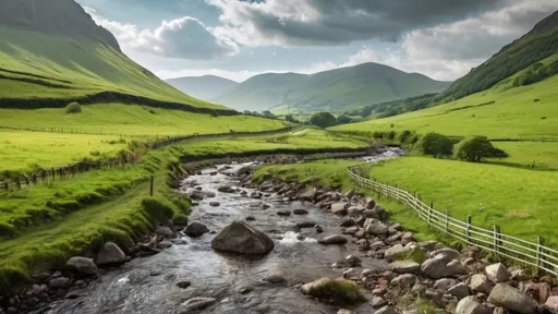 Prompt: a stream running through a lush green valley with mountains in the background and a fenced in area with rocks, Bedwyr Williams, regionalism, stunning scene, a picture