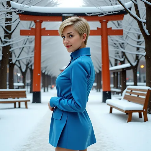 Prompt: (Emphasizing the scene) photorealistic painting, a woman (pixie-cut blonde hair, blue eyes) in a (vivid blue coat, matching blue miniskirt) and (stylish blue boots), standing gracefully in the snow-covered park in front of a traditional Japanese Torii, surrounded by (icy trees) and a (wooden bench), embodying the essence of neo-romanticism, wintery ambience, tranquil atmosphere, soft snowflakes falling, warm light contrast, ultra-detailed, capturing the elegance and serenity of the moment.