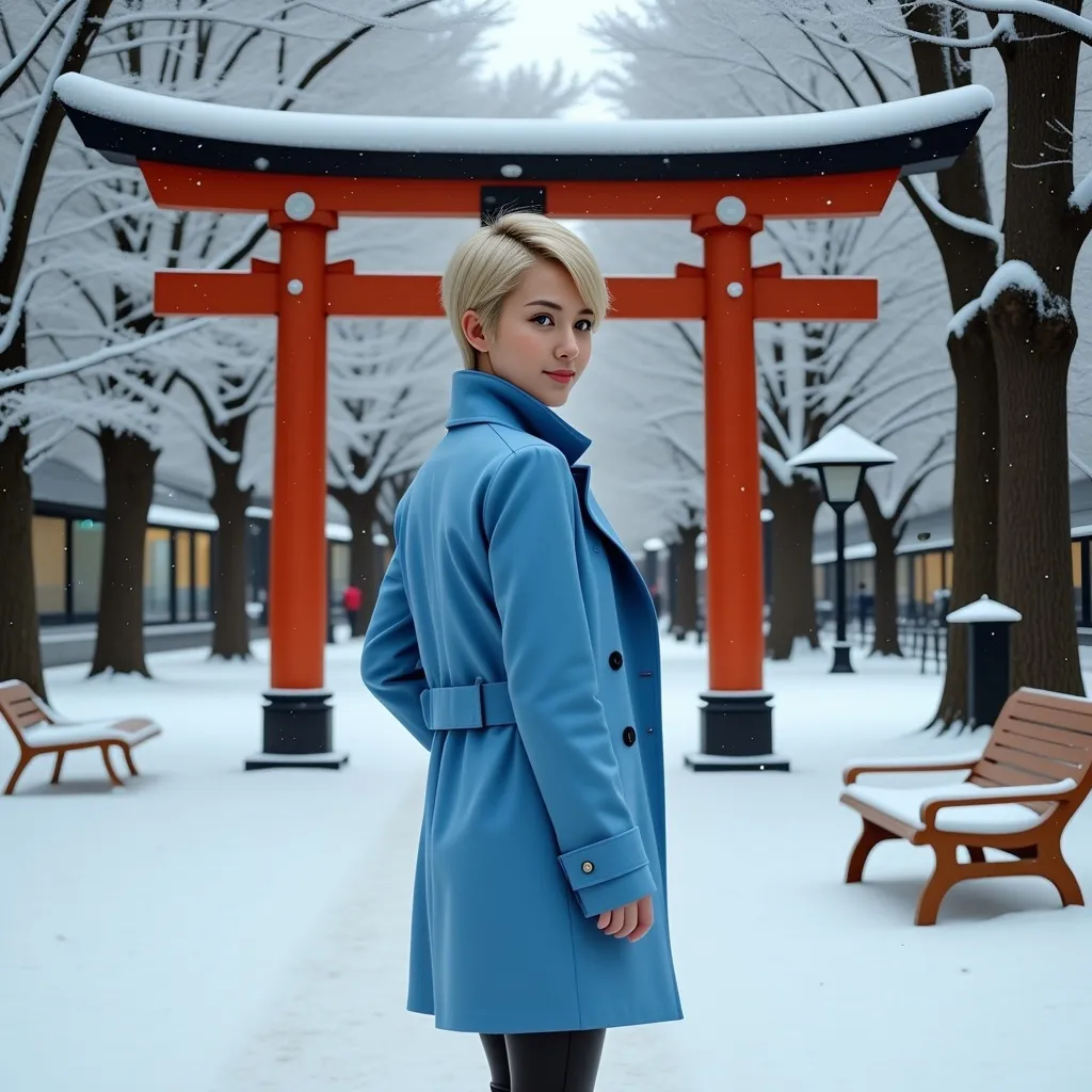 Prompt: (Emphasizing the scene) photorealistic painting, a woman (pixie-cut blonde hair, blue eyes) in a (vivid blue coat, matching blue miniskirt) and (stylish blue boots), standing gracefully in the snow-covered park in front of a traditional Japanese Torii, surrounded by (icy trees) and a (wooden bench), embodying the essence of neo-romanticism, wintery ambience, tranquil atmosphere, soft snowflakes falling, warm light contrast, ultra-detailed, capturing the elegance and serenity of the moment.