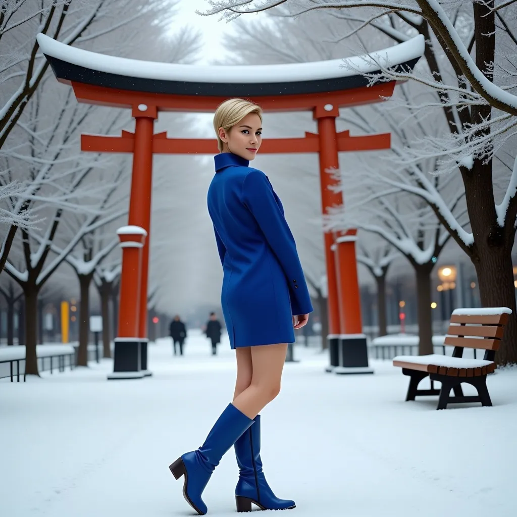 Prompt: (Emphasizing the scene) photorealistic painting, a woman (pixie-cut blonde hair, blue eyes) in a (vivid blue coat, matching blue miniskirt) and (stylish blue boots), standing gracefully in the snow-covered park in front of a traditional Japanese Torii, surrounded by (icy trees) and a (wooden bench), embodying the essence of neo-romanticism, wintery ambience, tranquil atmosphere, soft snowflakes falling, warm light contrast, ultra-detailed, capturing the elegance and serenity of the moment.