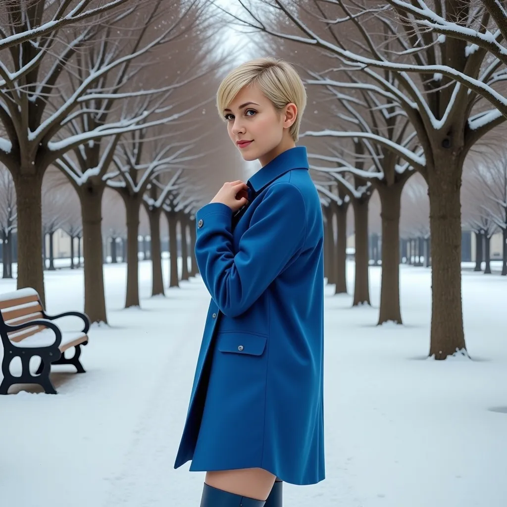 Prompt: (Emphasizing the scene) photorealistic painting, a woman (pixie-cut blonde hair, blue eyes) in a (vivid blue coat, matching blue miniskirt) and (stylish blue boots), standing gracefully in the snow-covered park, surrounded by (icy trees) and a (wooden bench), embodying the essence of neo-romanticism, wintery ambience, tranquil atmosphere, soft snowflakes falling, warm light contrast, ultra-detailed, capturing the elegance and serenity of the moment.