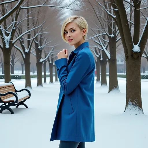 Prompt: (Emphasizing the scene) photorealistic painting, a woman (pixie-cut blonde hair, blue eyes) in a (vivid blue coat, matching blue miniskirt) and (stylish blue boots), standing gracefully in the snow-covered park, surrounded by (icy trees) and a (wooden bench), embodying the essence of neo-romanticism, wintery ambience, tranquil atmosphere, soft snowflakes falling, warm light contrast, ultra-detailed, capturing the elegance and serenity of the moment.