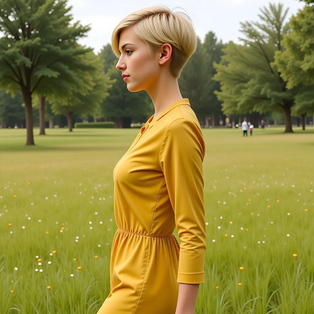 Prompt: A tall young woman is walking in a meadow. She is wearing detailed clothing, including a lightweight yellow sundress. Her hair is blonde and trimmed in a short fairy style. The scene has natural lighting and is photorealistic. 