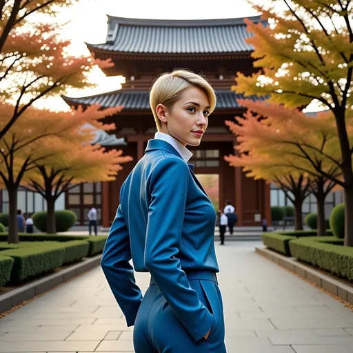 Prompt: (Emphasizing the scene) photorealistic painting, a woman (pixie-cut blonde hair, blue eyes) in a (vivid blue jacket, matching blue miniskirt, white turtleneck pullover shirt) and stylish boots flat-soles, black, lace-up), visiting a traditional Japanese Buddhist temple, embodying the essence of neo-romanticism, early spring ambience, tranquil atmosphere, golden hour, warm light contrast, ultra-detailed, capturing the elegance and serenity of the moment.